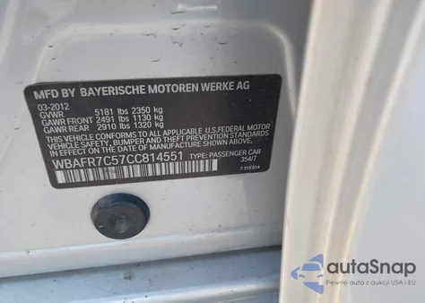 2012 BMW 535I z USA, uszkodzony, nr VIN WBAFR7C57CC814551